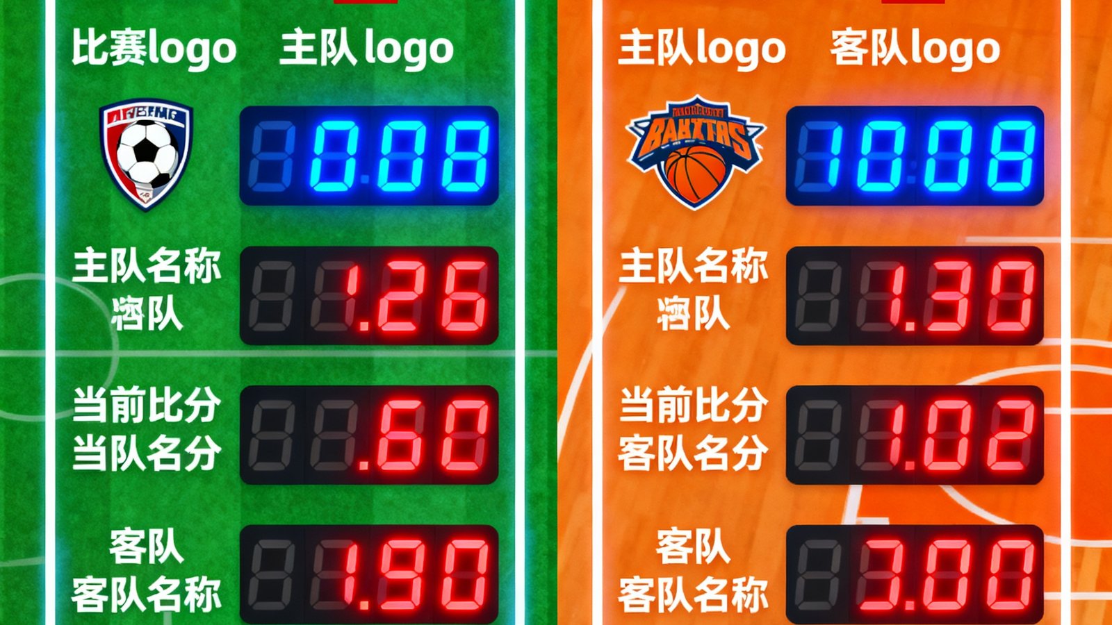 球吧平台的实时比分数据大屏，展示多场足球和篮球比赛的同时进行中的赛况信息，包含比分、时间、球队logo等元素